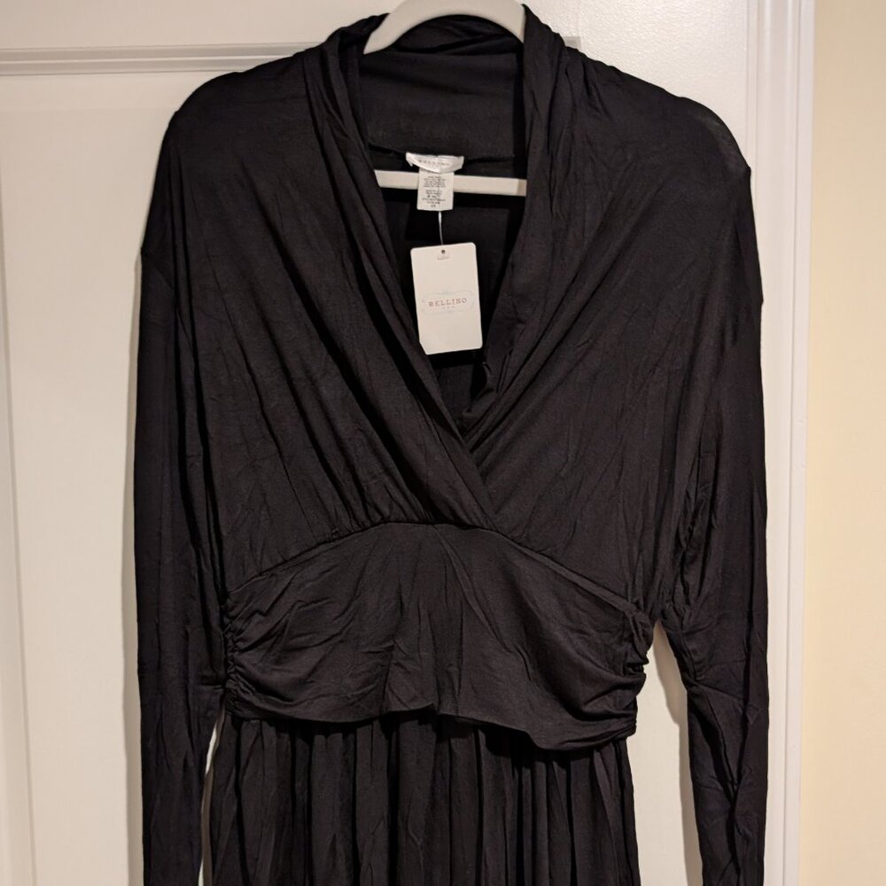 NWT - Bellino USA Black Draped Wrap Peplum Top, Size 2X, Long Sleeve Cozy Class